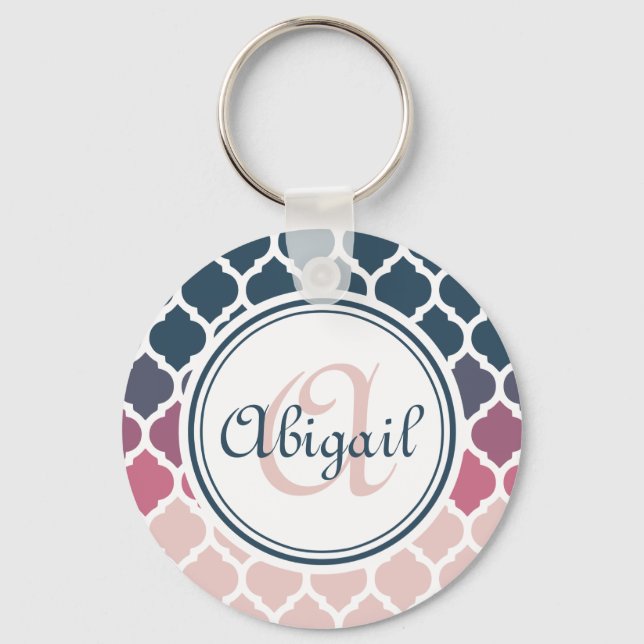 Monogrammed Pink Blue Moroccan Lattice Pattern Key Ring (Front)