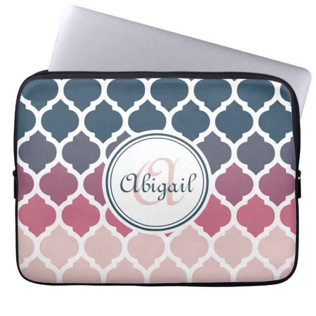 Monogrammed Pink Blue Moroccan Lattice Pattern Laptop Sleeve (Front)
