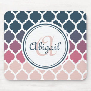 Monogrammed Pink Blue Moroccan Lattice Pattern Mouse Mat