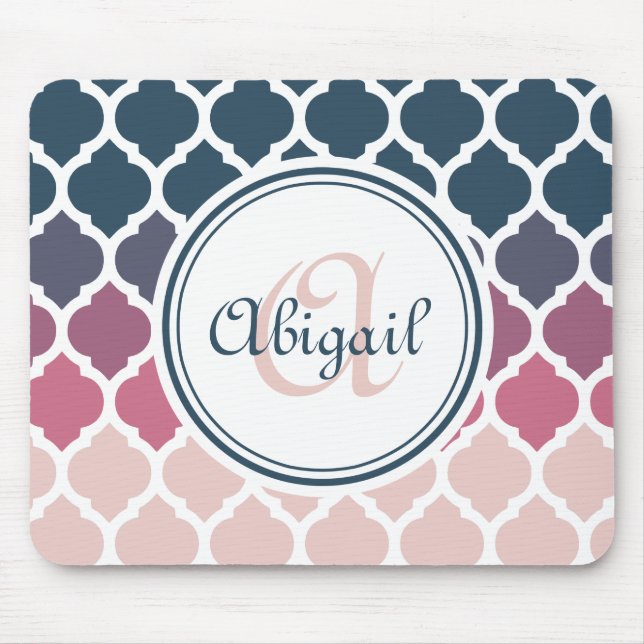 Monogrammed Pink Blue Moroccan Lattice Pattern Mouse Mat (Front)