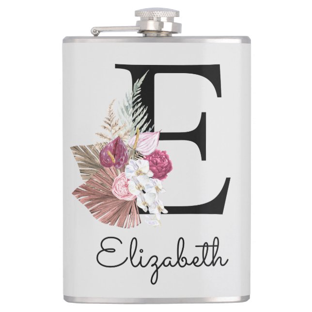 Monogrammed Pink Boho Floral Initial E Hip Flask (Front)