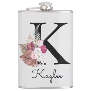 Monogrammed Pink Boho Floral Initial K Hip Flask