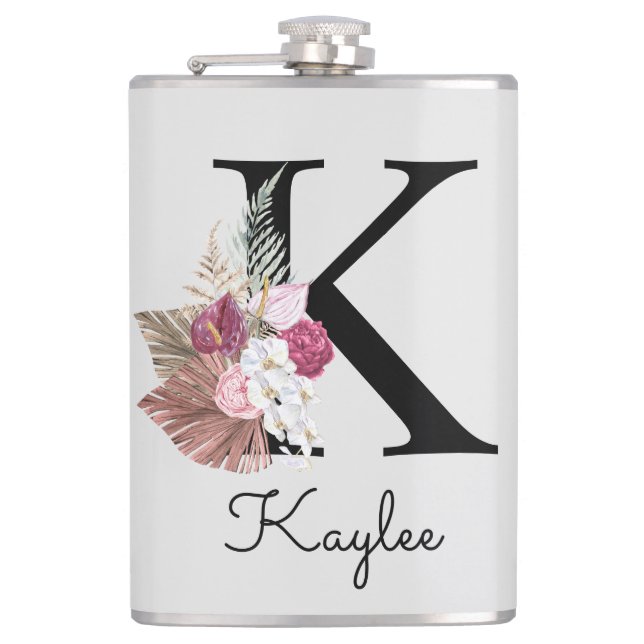 Monogrammed Pink Boho Floral Initial K Hip Flask (Front)