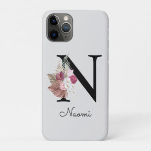 Monogrammed Pink Boho Floral Initial N iPhone 11 Pro Case
