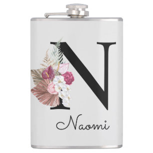 Monogrammed Pink Boho Floral Initial N Hip Flask