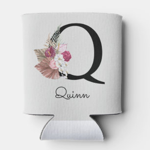 Monogrammed Pink Boho Floral Initial Q Can Cooler