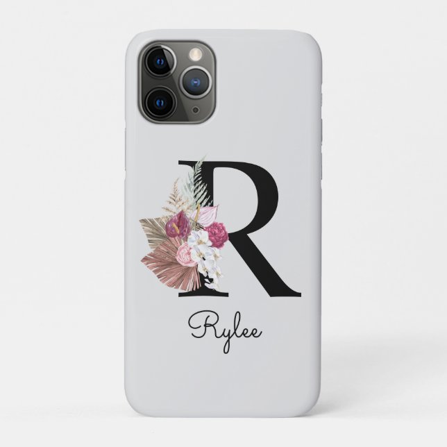 Monogrammed Pink Boho Floral Initial R Case-Mate iPhone Case (Back)