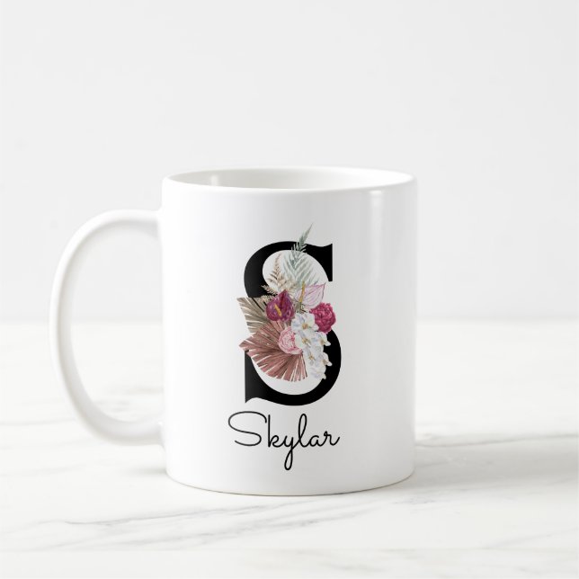 Monogrammed Pink Boho Floral Initial S Coffee Mug (Left)