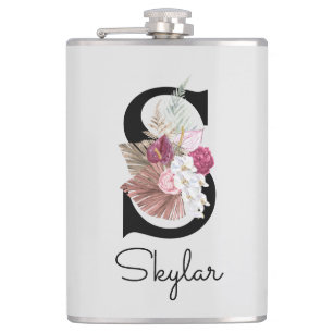 Monogrammed Pink Boho Floral Initial S Hip Flask