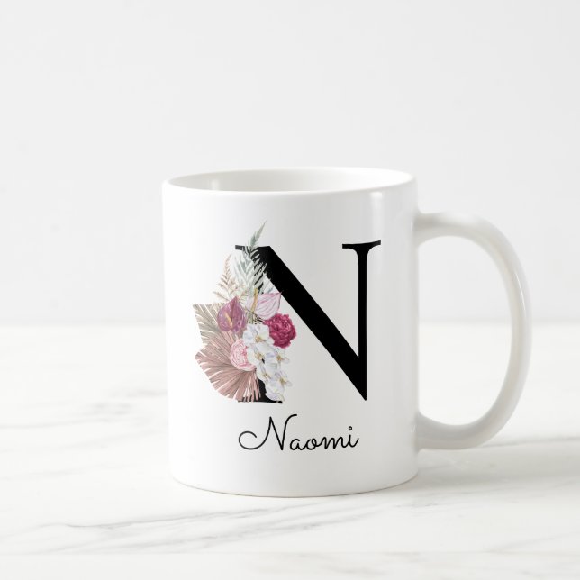 Monogrammed Pink Boho Girly Floral Initial N Coffee Mug (Right)