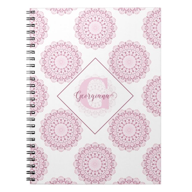 Monogrammed Pink Confetti Lace Polka Dot Mandala Notebook (Front)
