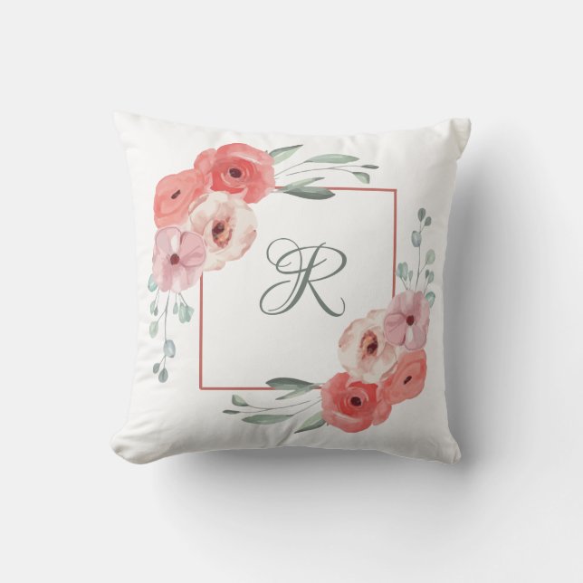 Monogrammed Pink Coral and White Green Floral Cushion (Front)