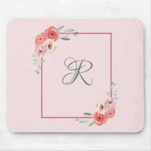 Monogrammed Pink Coral and White Green Floral  Mouse Mat