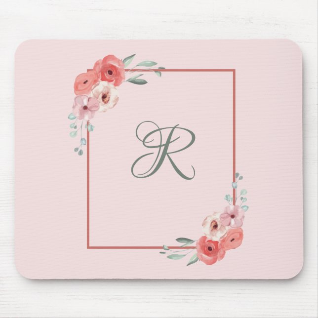 Monogrammed Pink Coral and White Green Floral  Mouse Mat (Front)