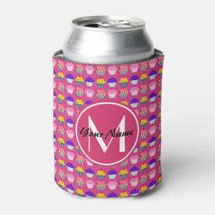 Monogrammed Pink Cupcakes, Personalised Name Can Cooler