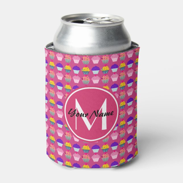 Monogrammed Pink Cupcakes, Personalised Name Can Cooler (Can Front)