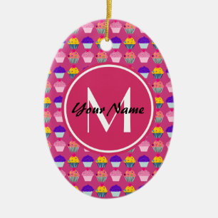 Monogrammed Pink Cupcakes, Personalised Name Ceramic Tree Decoration