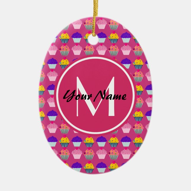 Monogrammed Pink Cupcakes, Personalised Name Ceramic Tree Decoration (Front)