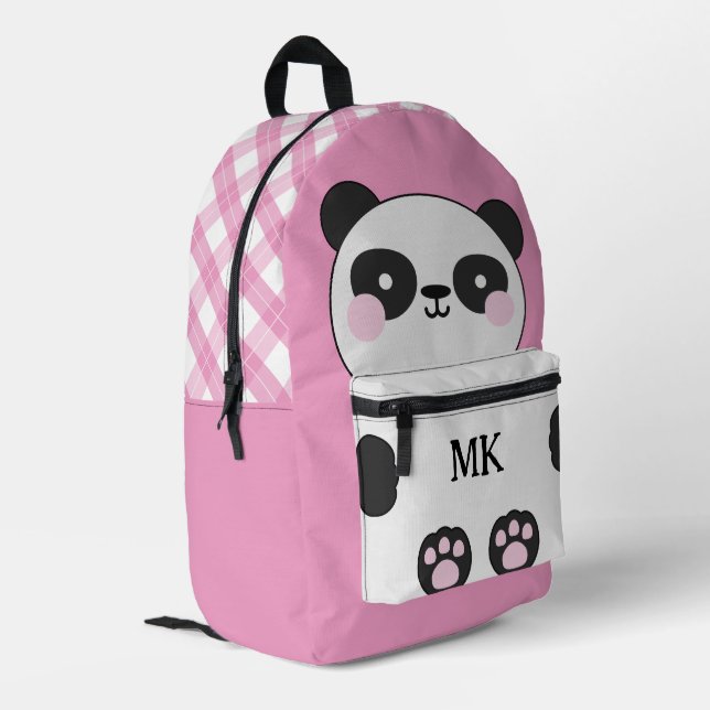 Monogrammed Pink Cute Panda Kids Printed Backpack (Back Corner Left)