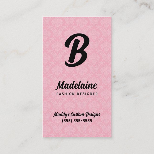 Monogrammed Pink Damask and Black Business Card (Front)