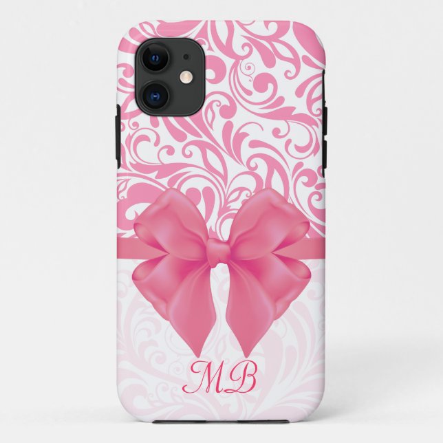 Monogrammed Pink Damask and Pink Ribbon Case-Mate iPhone Case (Back)