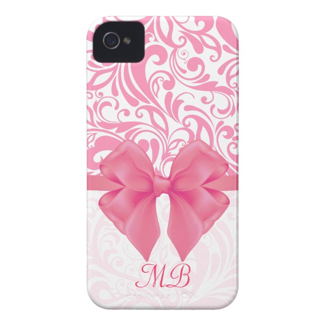 Monogrammed Pink Damask and Pink Ribbon Case-Mate iPhone Case (Back)