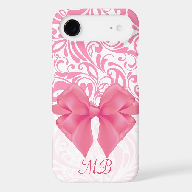 Monogrammed Pink Damask and Pink Ribbon Case-Mate iPhone Case (Back)