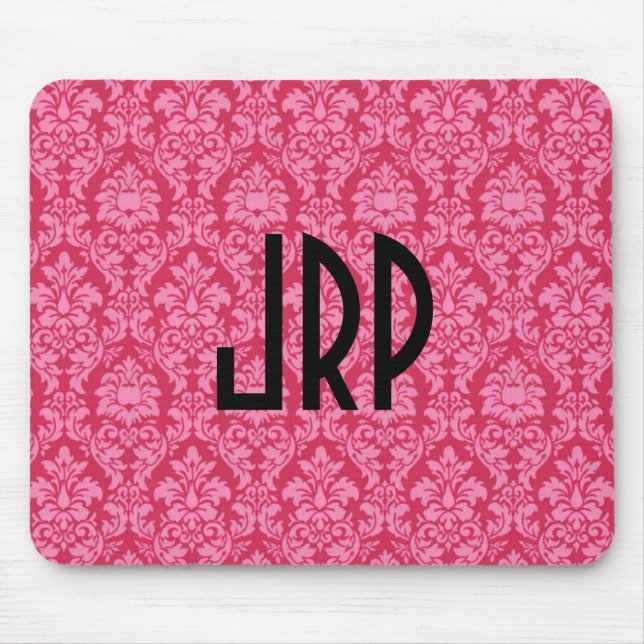 Monogrammed Pink Damask Mouse Mat (Front)