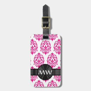Monogrammed pink damask pattern luggage tag