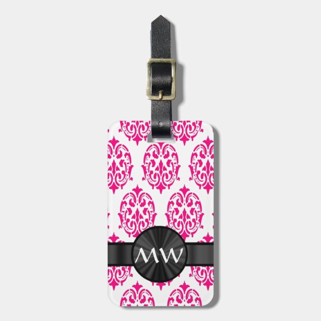Monogrammed pink damask pattern luggage tag (Front Vertical)