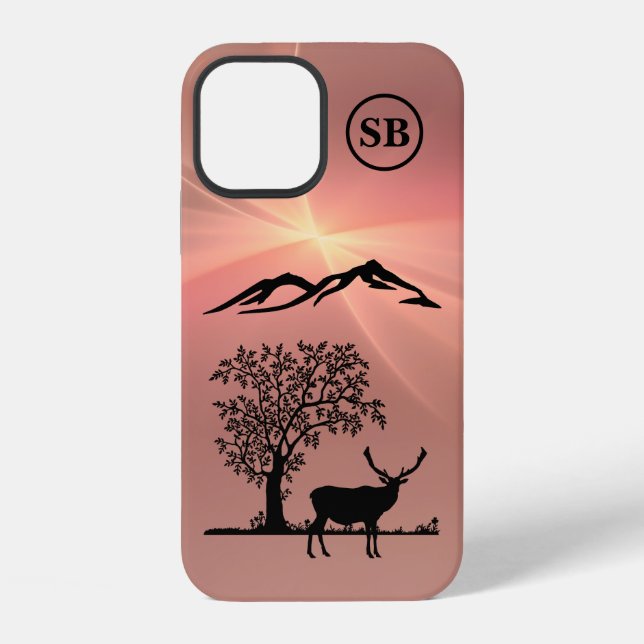 Monogrammed Pink Deer Apple iPhone 12 Case (Back)