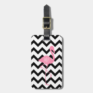 Monogrammed Pink Flamingo + Black Chevron Luggage Tag