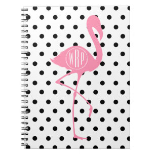 Monogrammed Pink Flamingo + Black Polka Dot Notebook