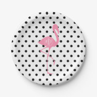 Monogrammed Pink Flamingo + Black Polka Dot
