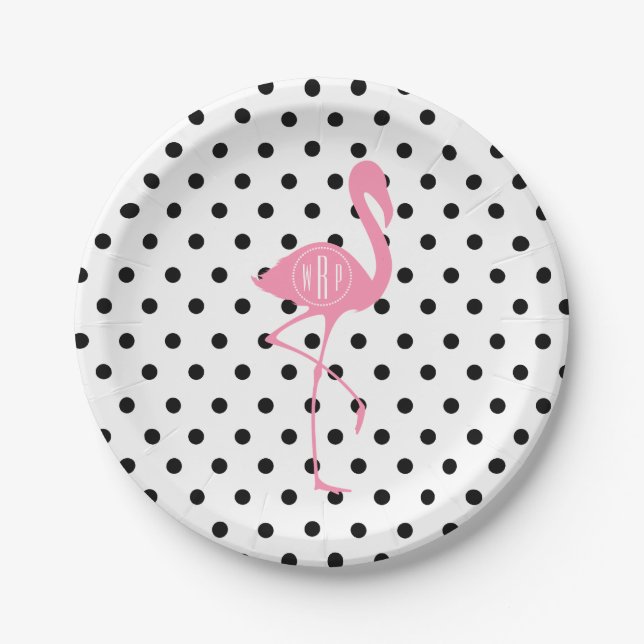 Monogrammed Pink Flamingo + Black Polka Dot Paper Plate (Front)