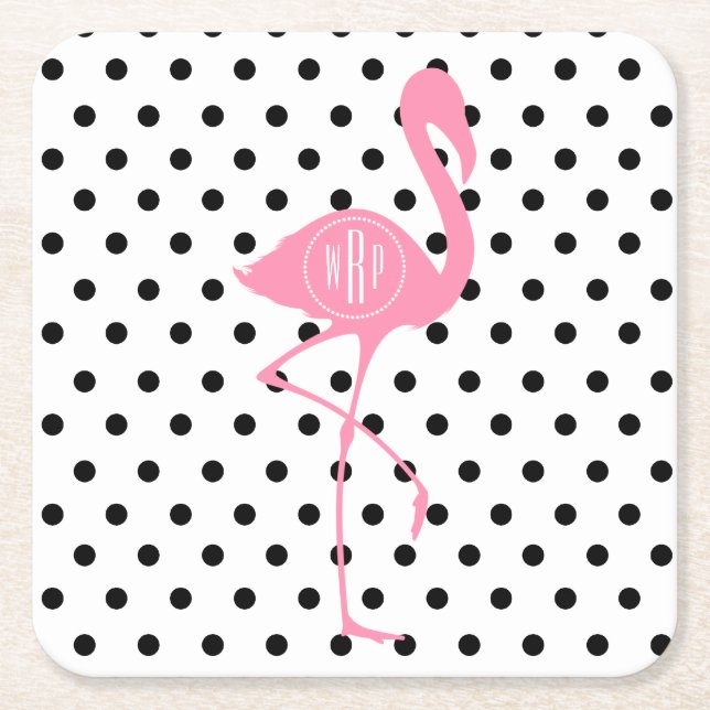 Monogrammed Pink Flamingo + Black Polka Dot Square Paper Coaster (Front)