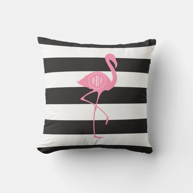 Monogrammed Pink Flamingo + Black + White Stripes Cushion (Front)