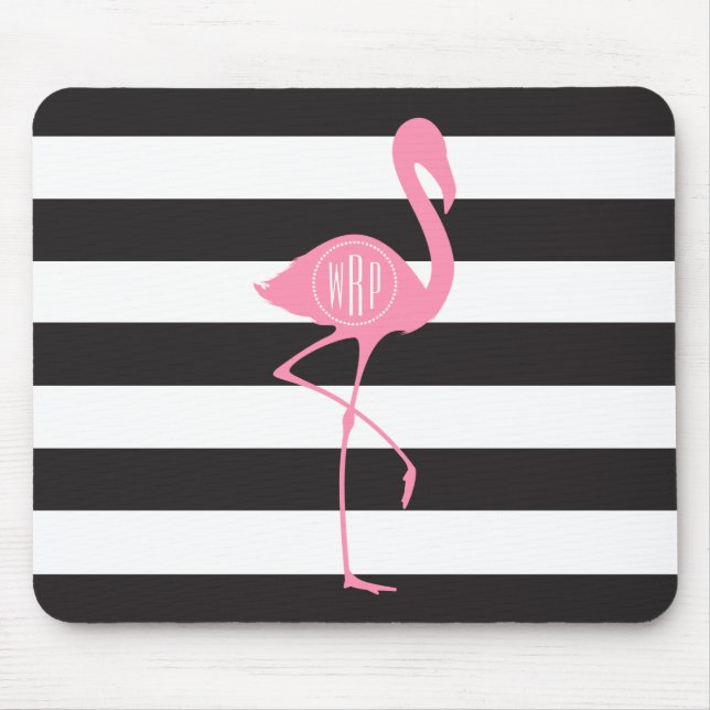 Monogrammed Pink Flamingo + Black + White Stripes Mouse Mat (Front)