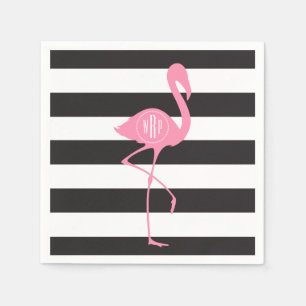 Monogrammed Pink Flamingo + Black + White Stripes Napkin