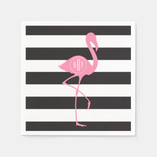 Monogrammed Pink Flamingo + Black + White Stripes Napkin