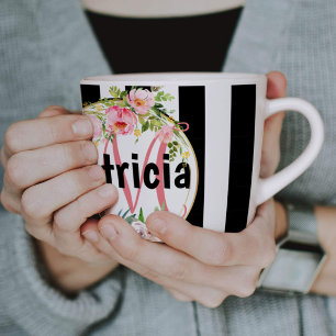 Monogrammed Pink Floral Black & White Striped Coffee Mug