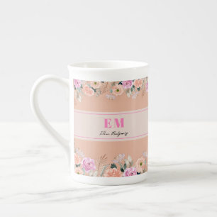 Monogrammed Pink floral blooms Bone China Mug