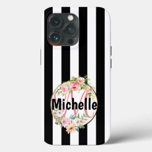 Monogrammed Pink Floral Chic Black & White Striped iPhone 13 Pro Case