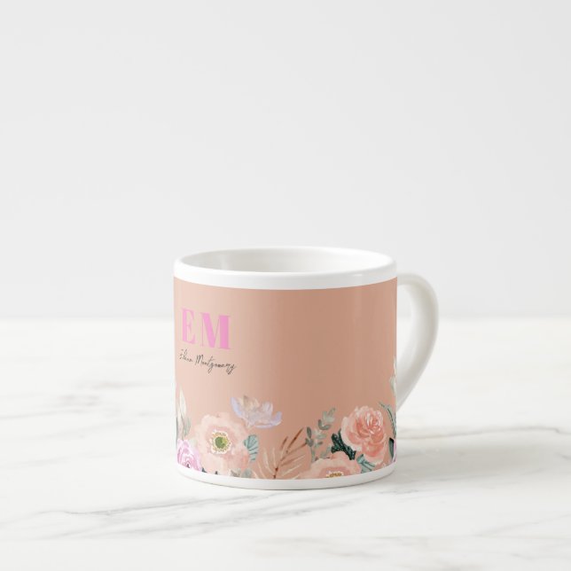Monogrammed pink floral  espresso cup (Front Right)