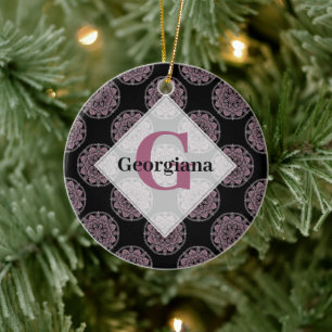 Monogrammed Pink Floral Fronds Polka Dot Mandala Ceramic Tree Decoration