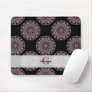 Monogrammed Pink Floral Fronds Polka Dot Mandala Mouse Mat