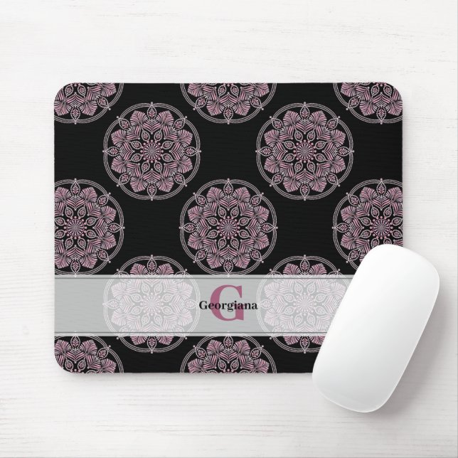 Monogrammed Pink Floral Fronds Polka Dot Mandala Mouse Mat (With Mouse)