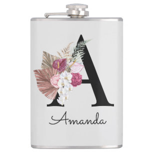 Monogrammed Pink Floral Initial A Hip Flask