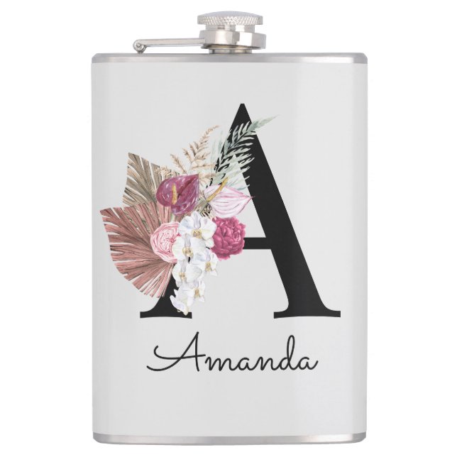 Monogrammed Pink Floral Initial A Hip Flask (Front)