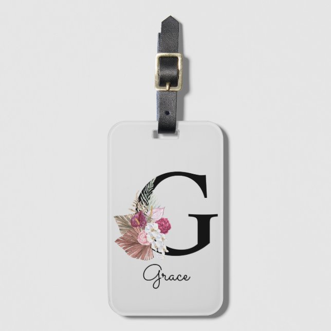 Monogrammed Pink Floral Initial G Luggage Tag (Front Vertical)